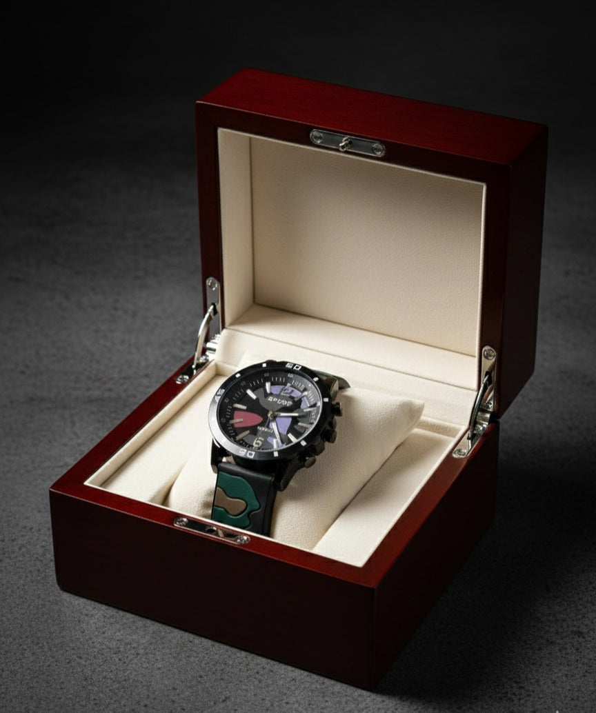 The black watch with the colorful camouflage-style dial and strap)
